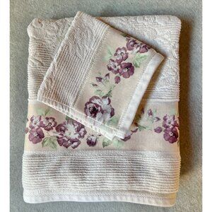 Croscill Home Bath Towel & Hand Towel Set Cream W/ Purple Roses Band Cotton